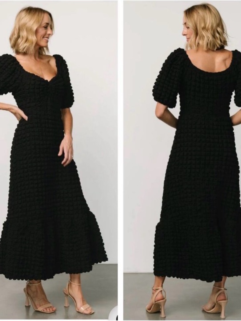 Baltic Born Black Textured Puff-Sleeve Midi Dress